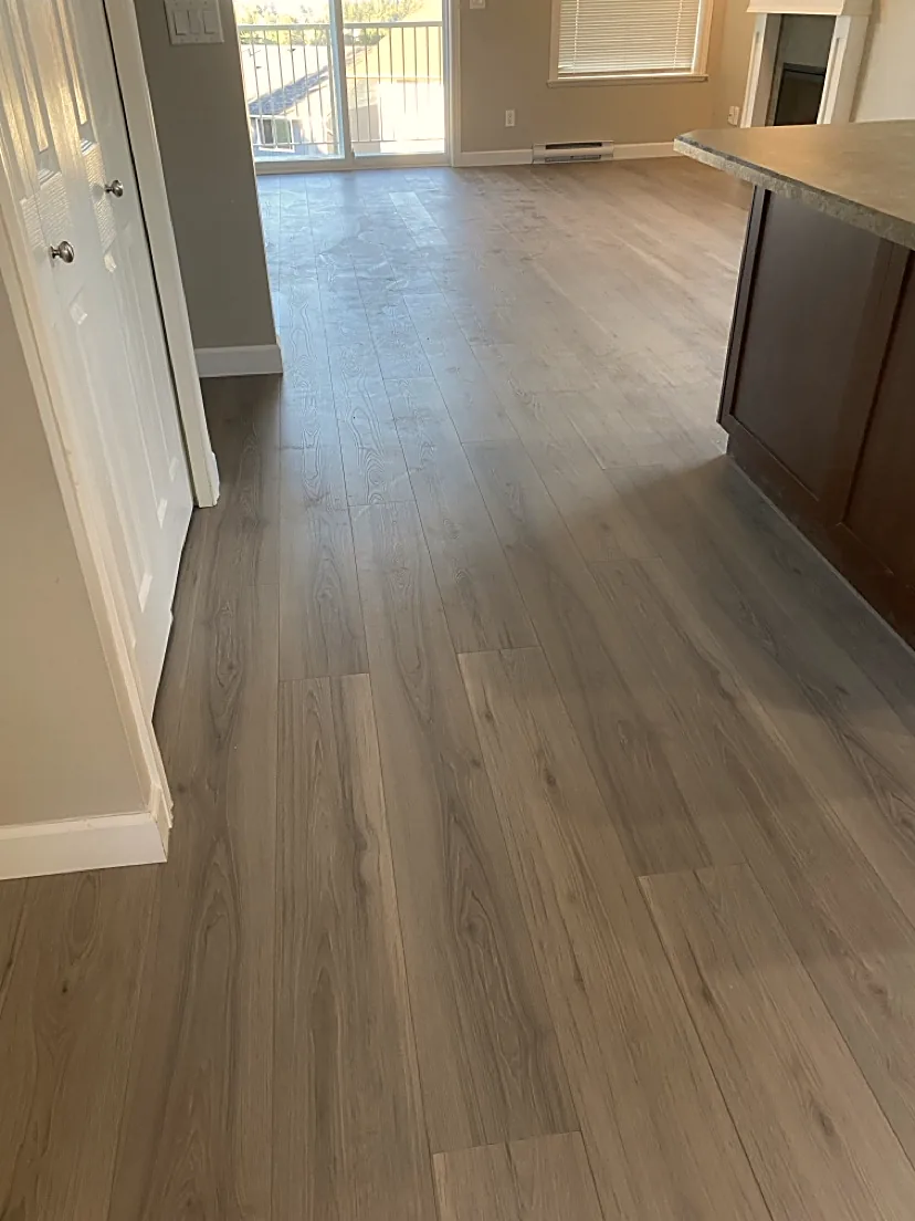 Open living room and kitchen with finished light wood flooring