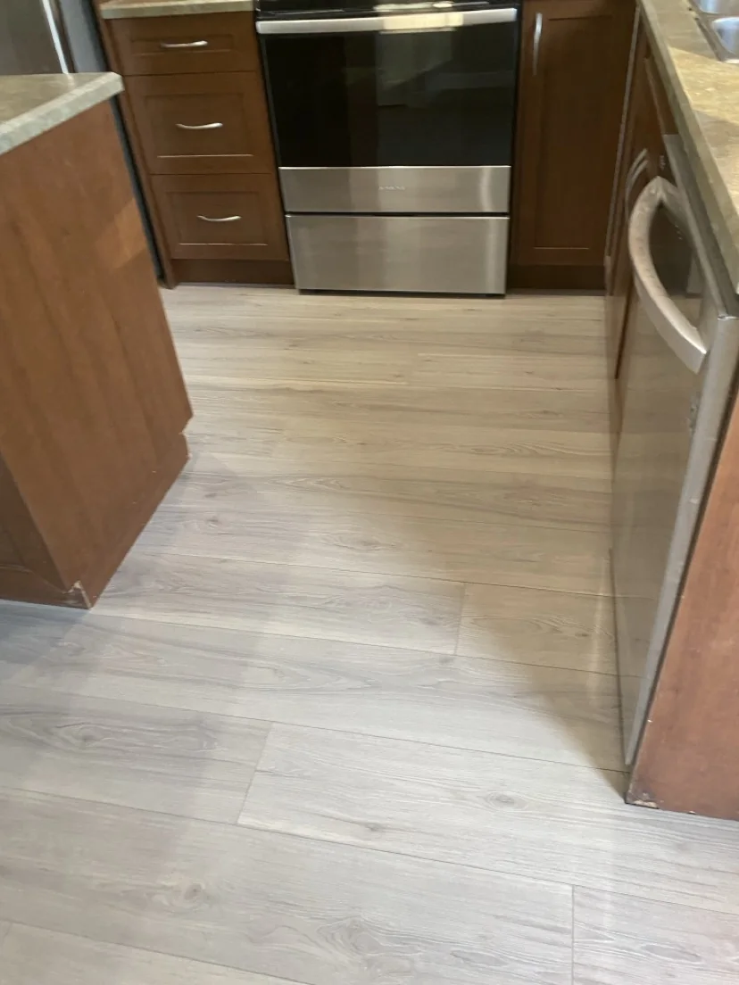 Kitchen with light gray plank flooring